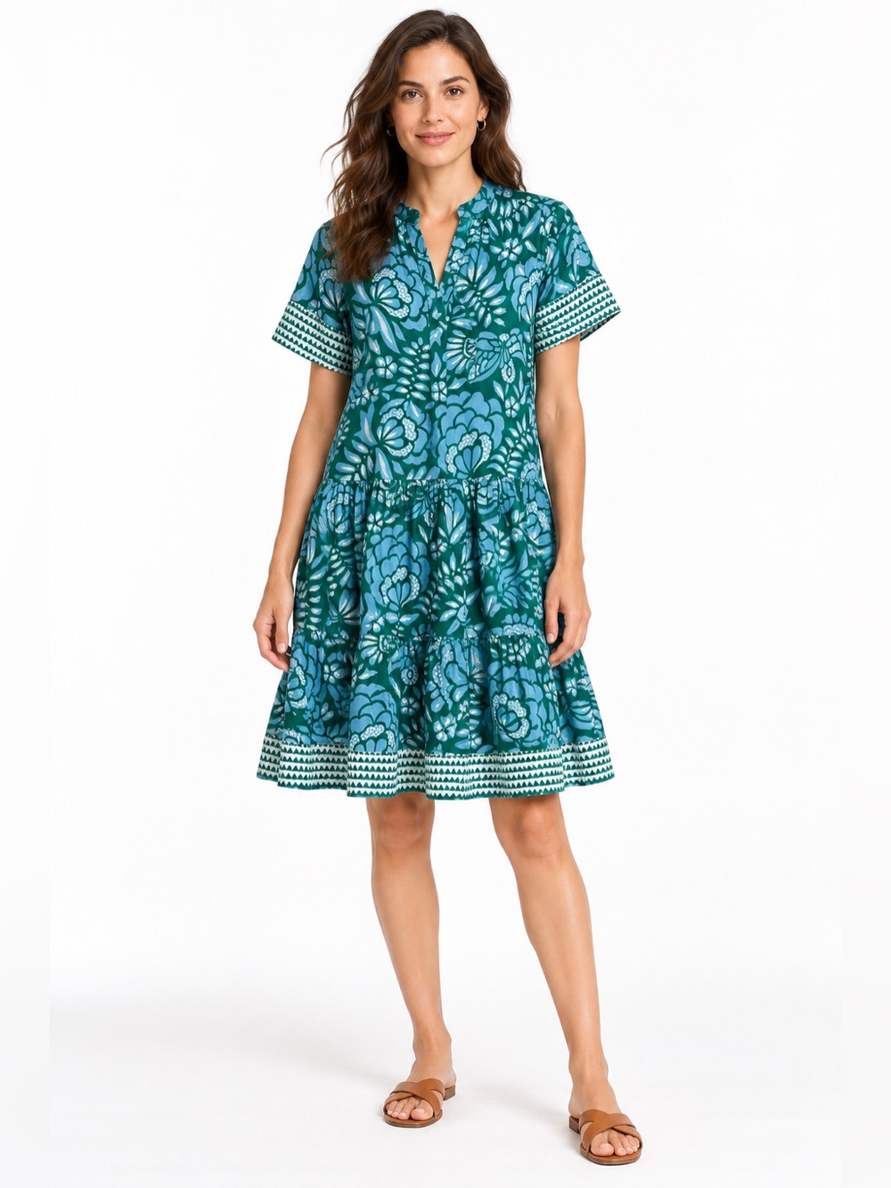 Dolma Teal Blue Floral Tiered Boho Cotton Dress Short Sleeve Split Neck | Size M